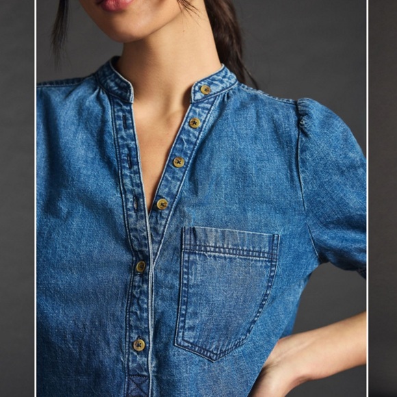 Aly Chambray Henley Shirt | Anthropologie Pilcro | Denim Dark | Medium - Picture 2 of 6